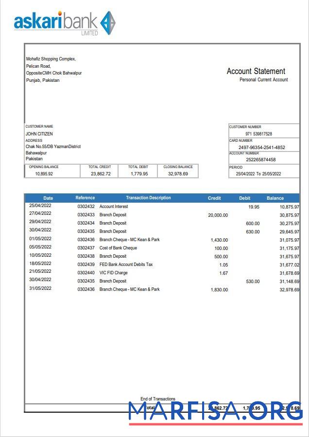 Printable Pakistan Askaribank statement word example